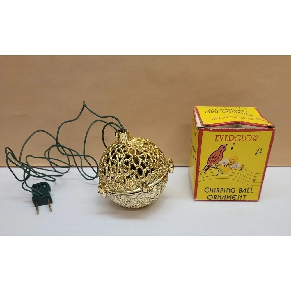 Vtg Everglow Chirping Ball Ornament Gold Filigree Bird Sound-Works